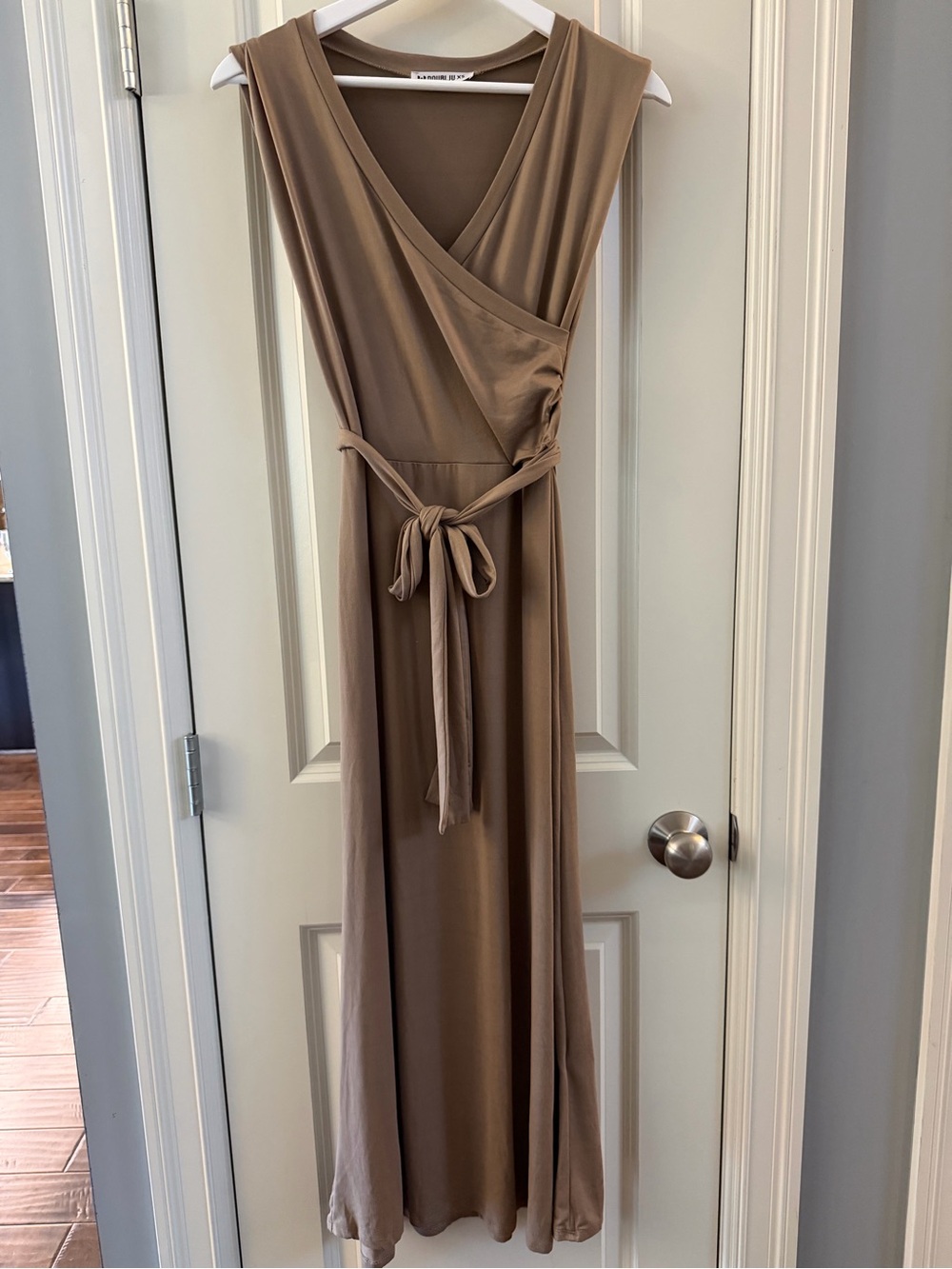 Doublju Taupe Wrap-Front Maxi Dress Bodycon Minimalist Capsule wardrobe XS